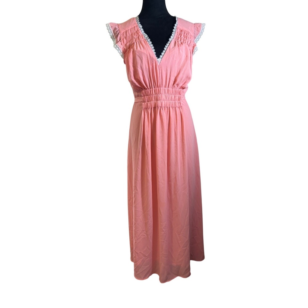 Betsey Johnson Coral Pink Lace Trim Maxi Dress Smocked Waist Flutter Sleeve 8